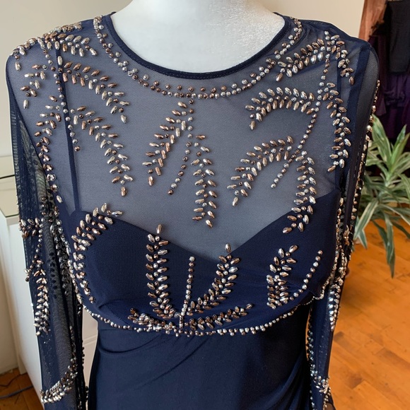 Betsy & Adam Navy Evening Gown w/ rhinestones. - Picture 2 of 11